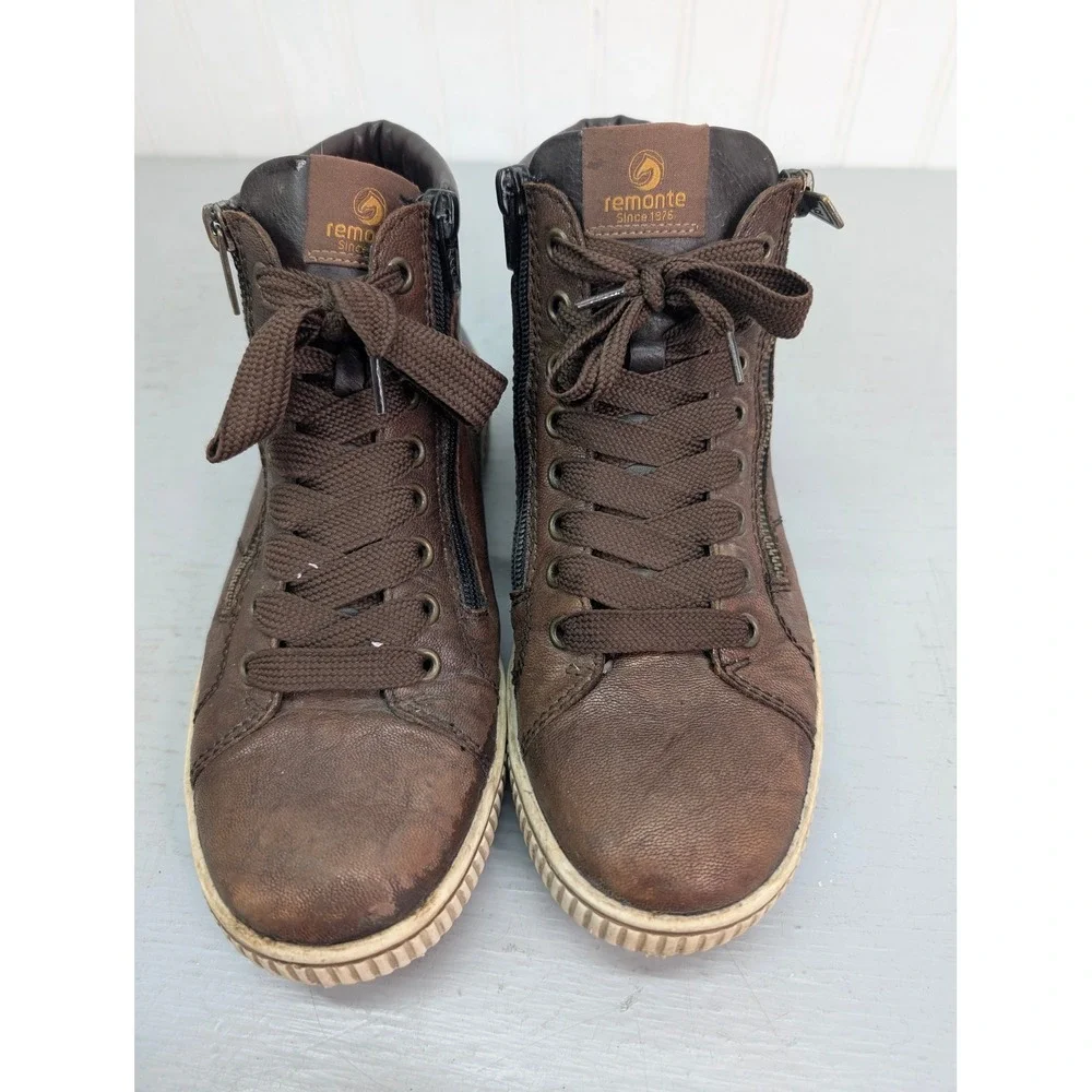 Remonte Brown Leather High‎ Top Sneakers Sz 38 Side Zip Fleece Lined 8909200845